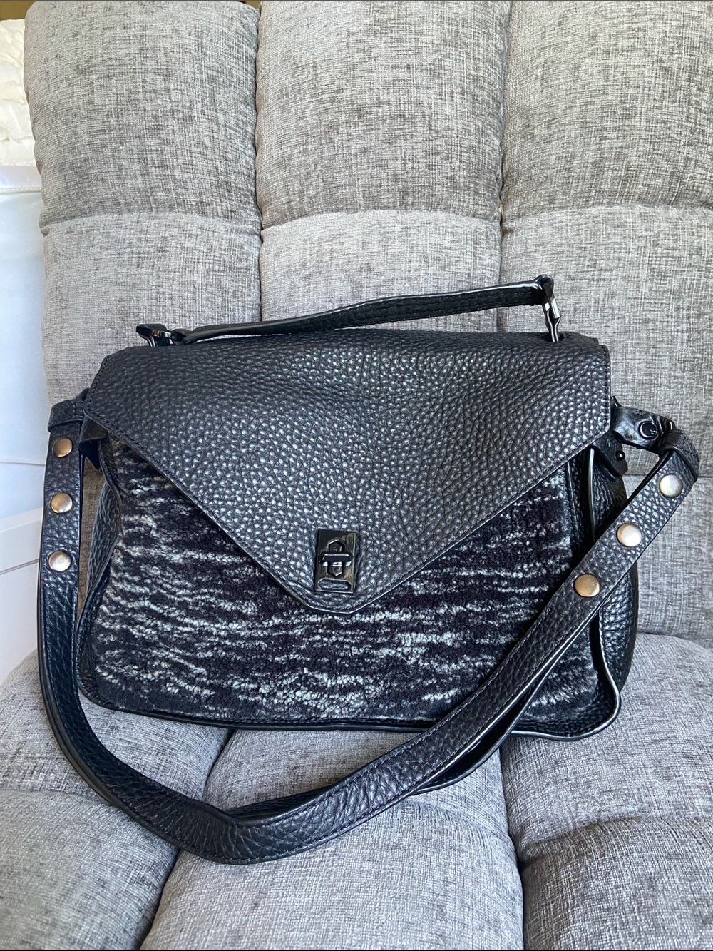 Rebecca’s Minkoff Black Textured Flap Satchel with Marled Front
